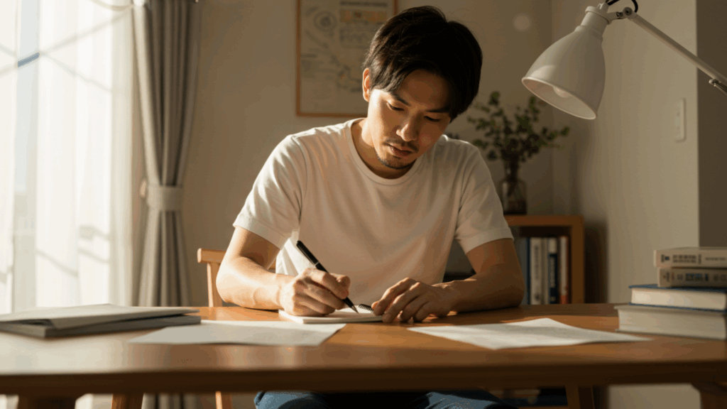 机で資料を作成する男性の画像
