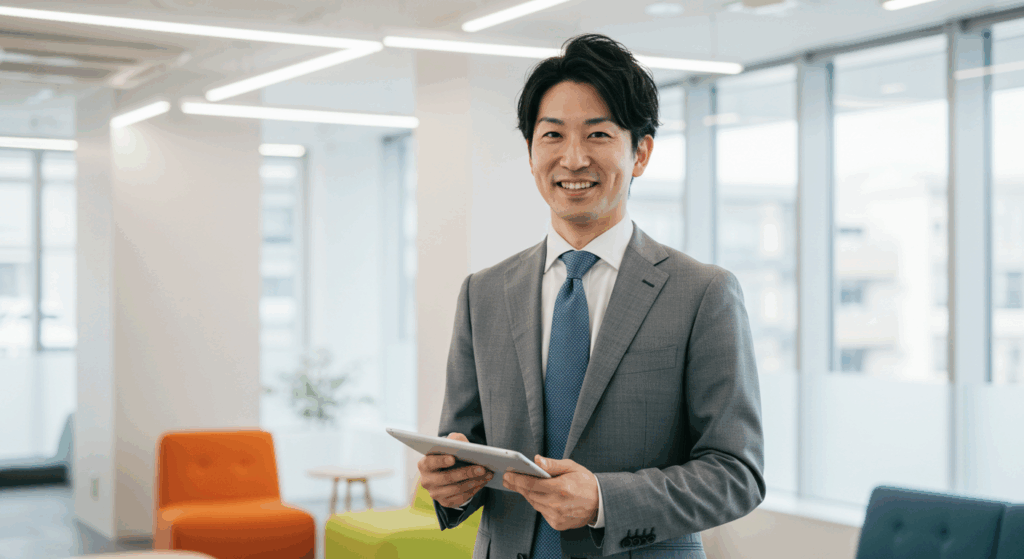 スーツを着てタブレットを持つ男性の画像