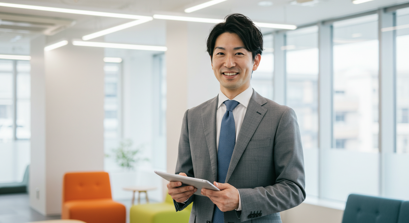 スーツを着てタブレットを持つ男性の画像