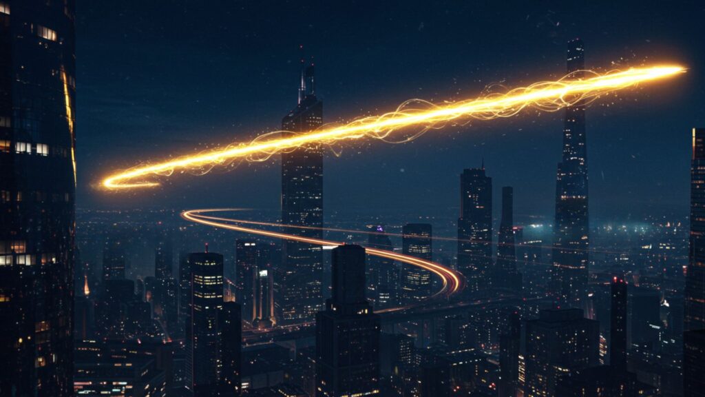 ビルの夜景に走る光の画像