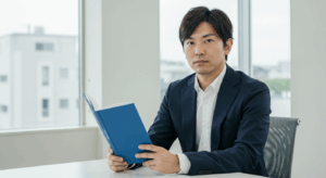 本を開いてこちらを見る男性の画像