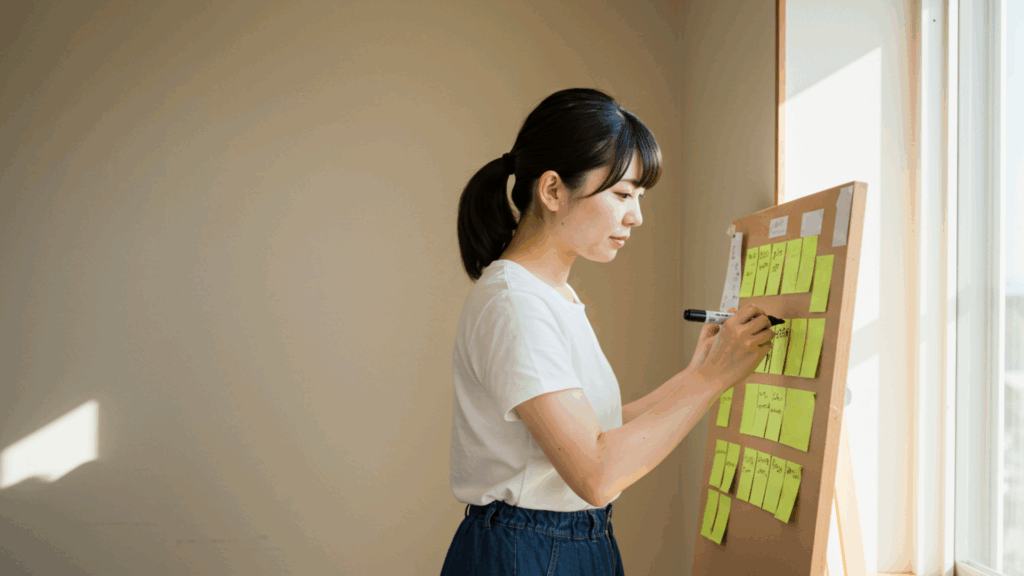 ボードに貼ってある付箋に書き込みをする女性の画像