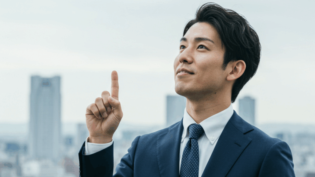 空を指差すビジネスマン