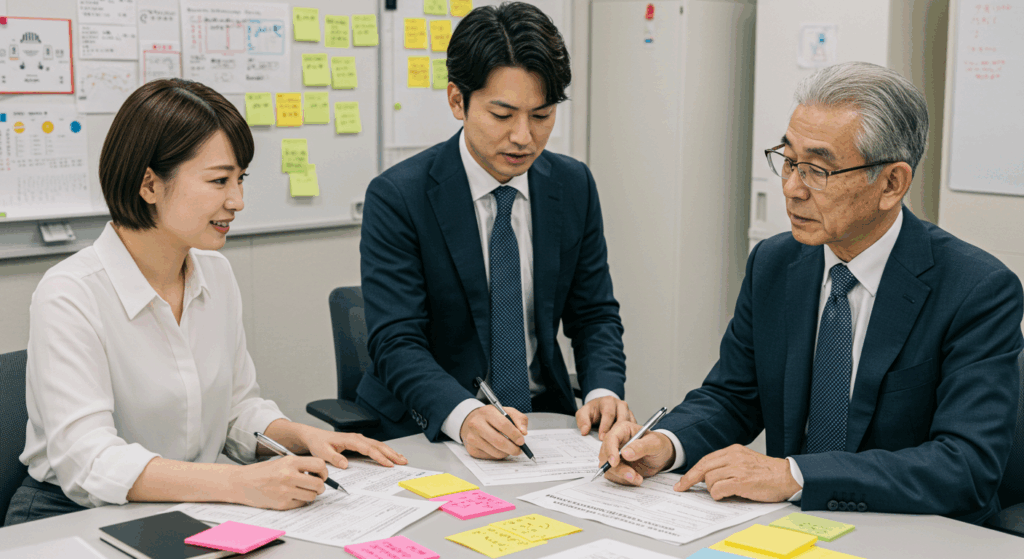 3人で打ち合わせをしている画像