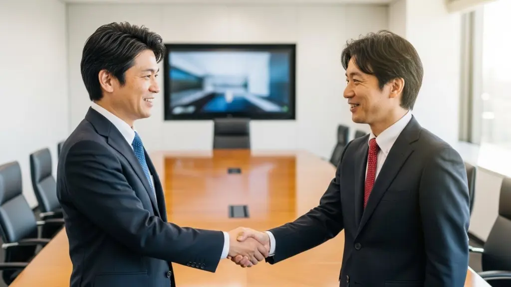 オフィスで握手する男性の画像
