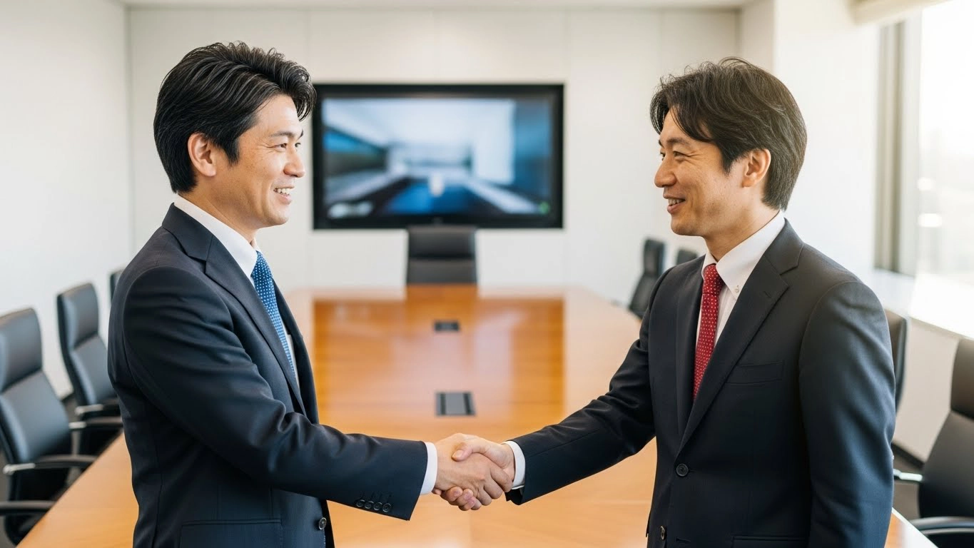 オフィスで握手する男性の画像