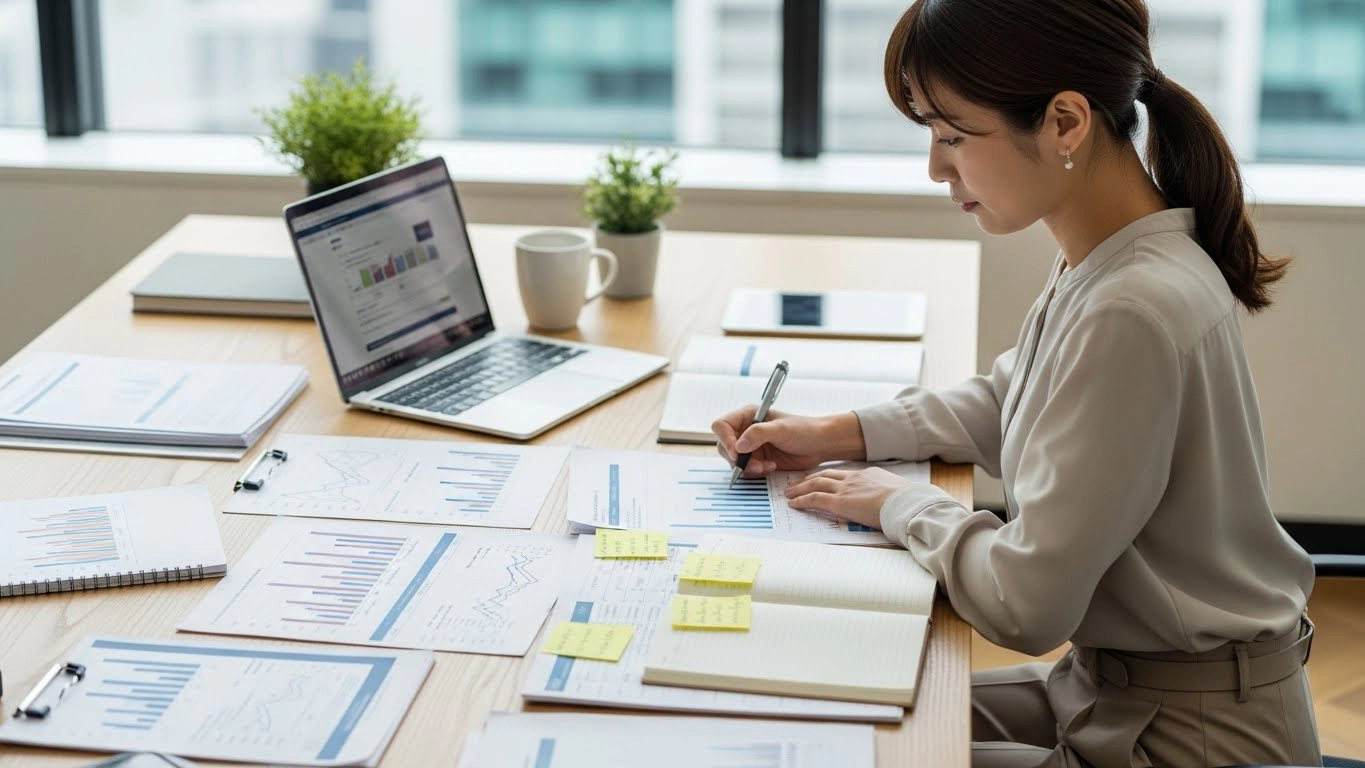 机に資料を広げて、調査する女性の画像