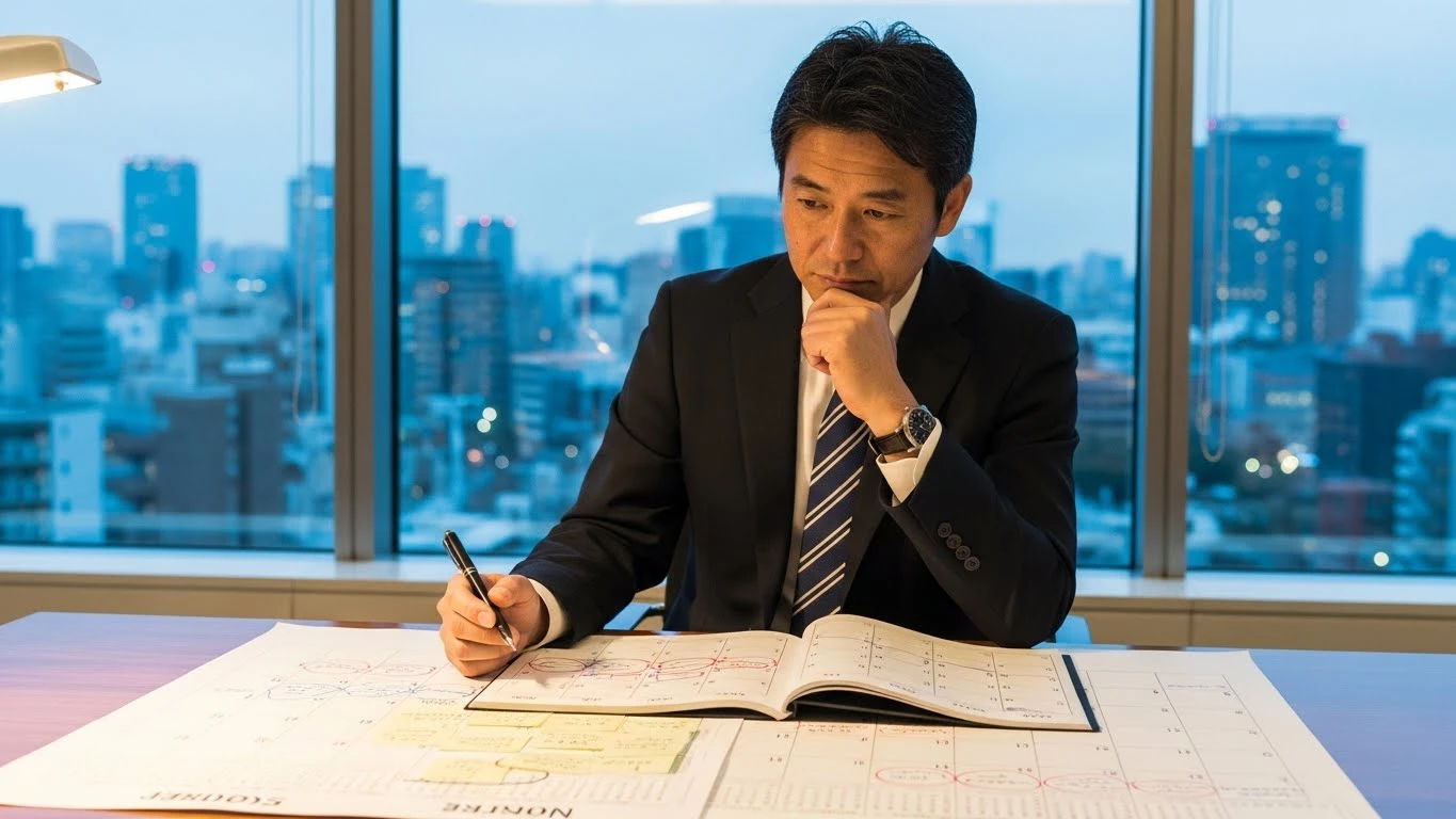 机に肘をついて考え事をする男性の画像