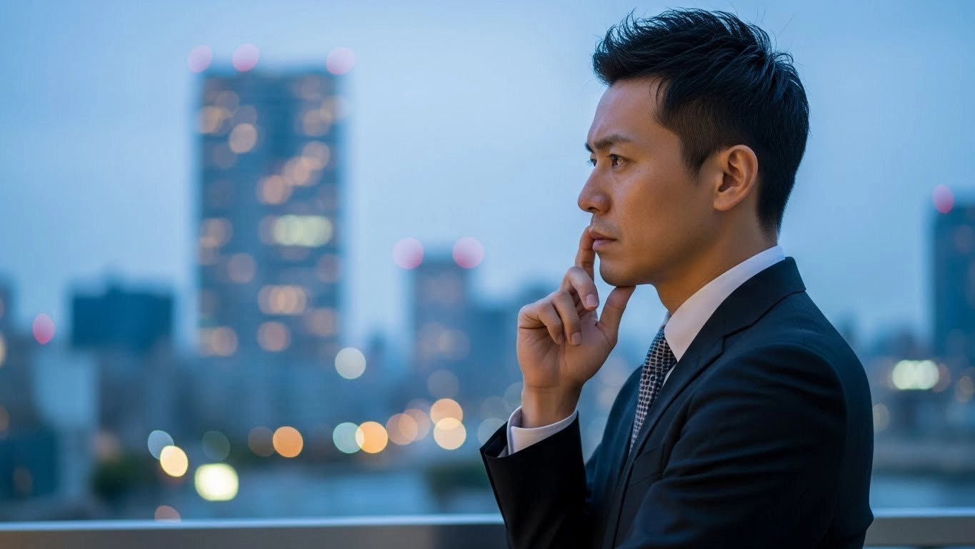 口元に手を当てて考える男性の画像