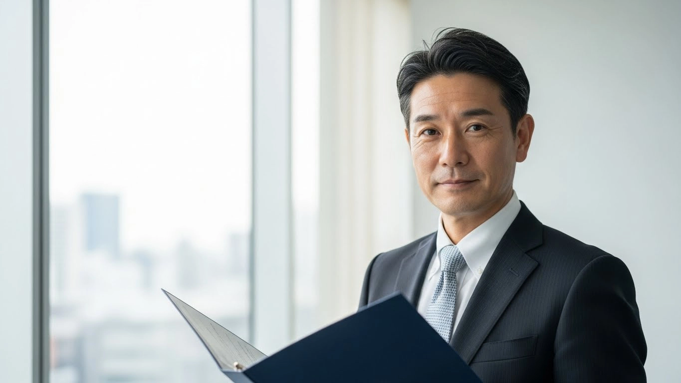 バインダーを持ち、こちらを向く男性の画像