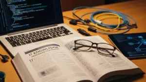 机の上に広げられた本とPCの画像