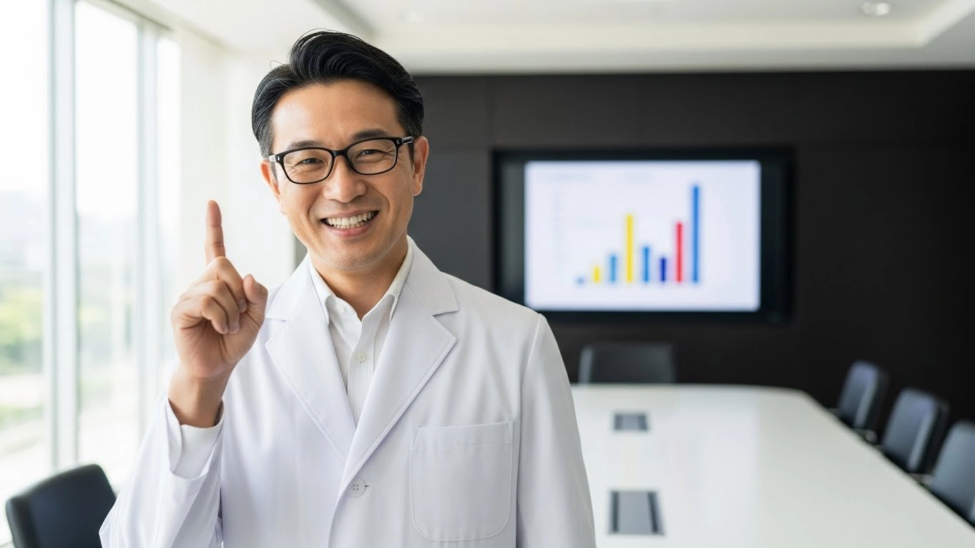 白衣を着て人差し指を立てている男性の画像