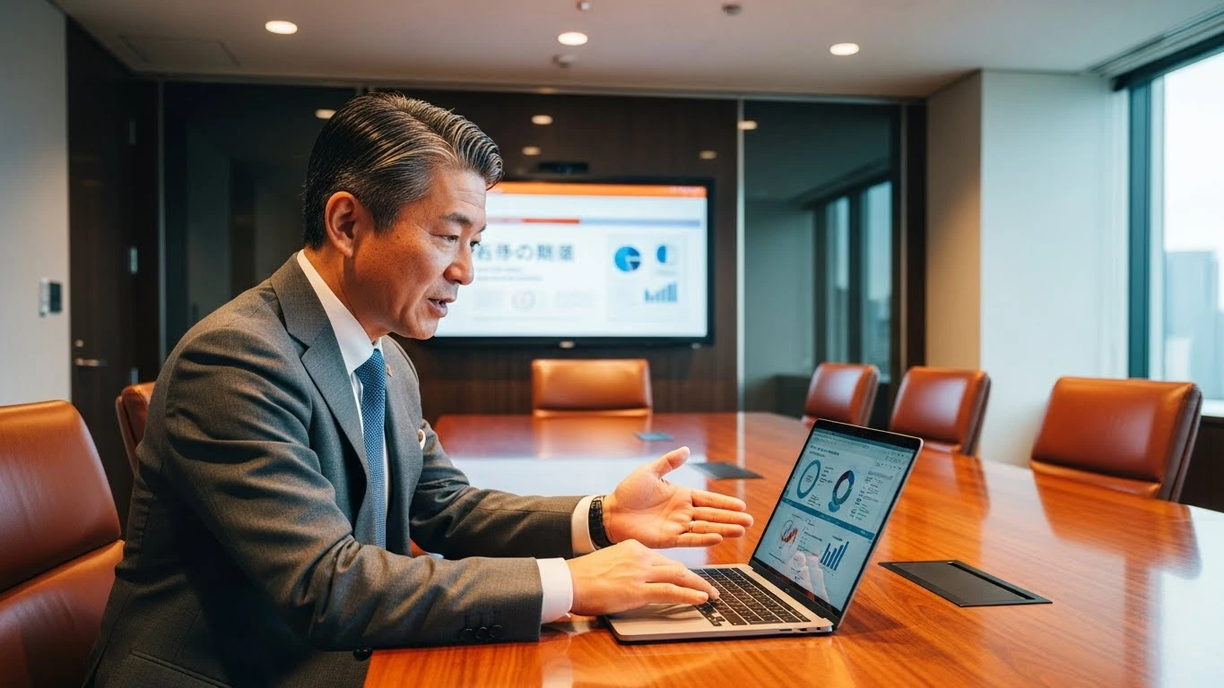 ノートPCを使って説明している男性の画像