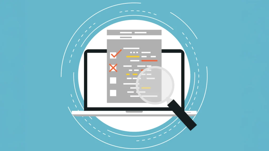 虫眼鏡でPCを見ているイラスト