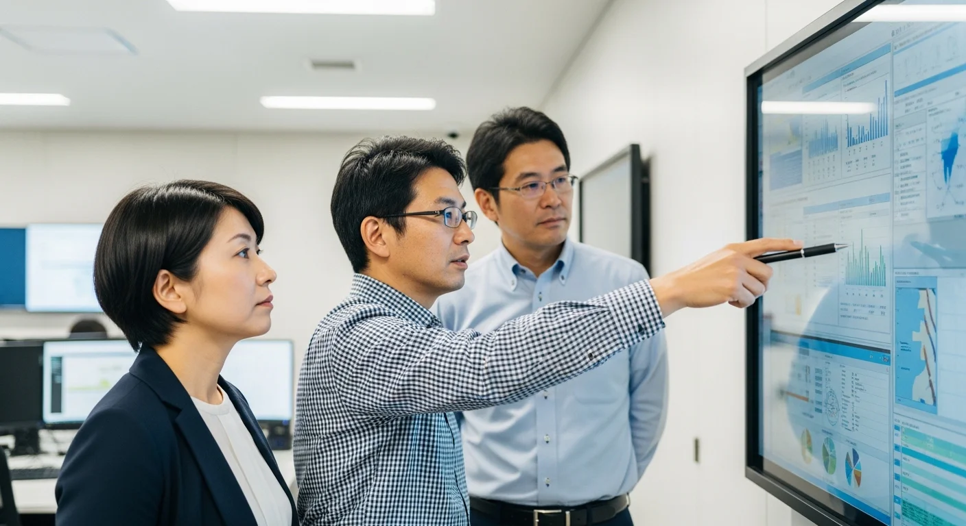 画面に映る数値について話す3人の画像