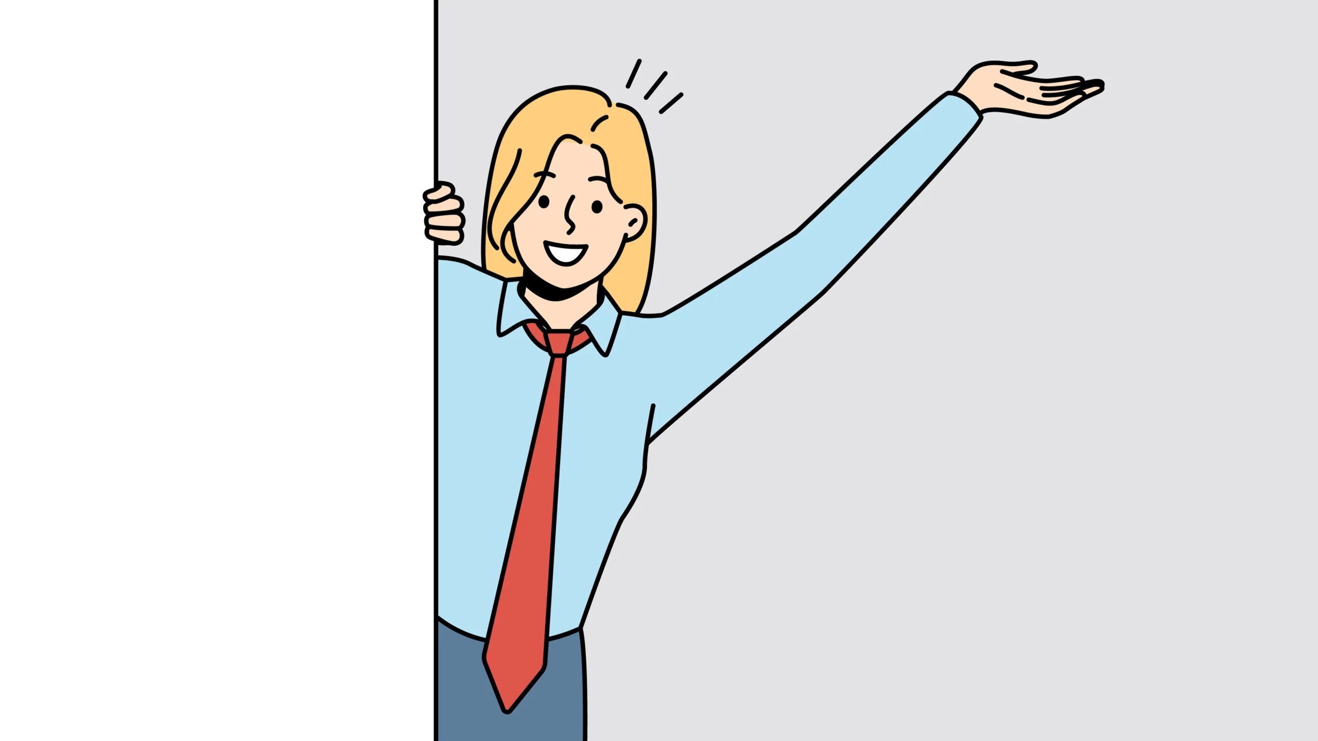 柱からこちらを見て手を挙げる女性のイラスト