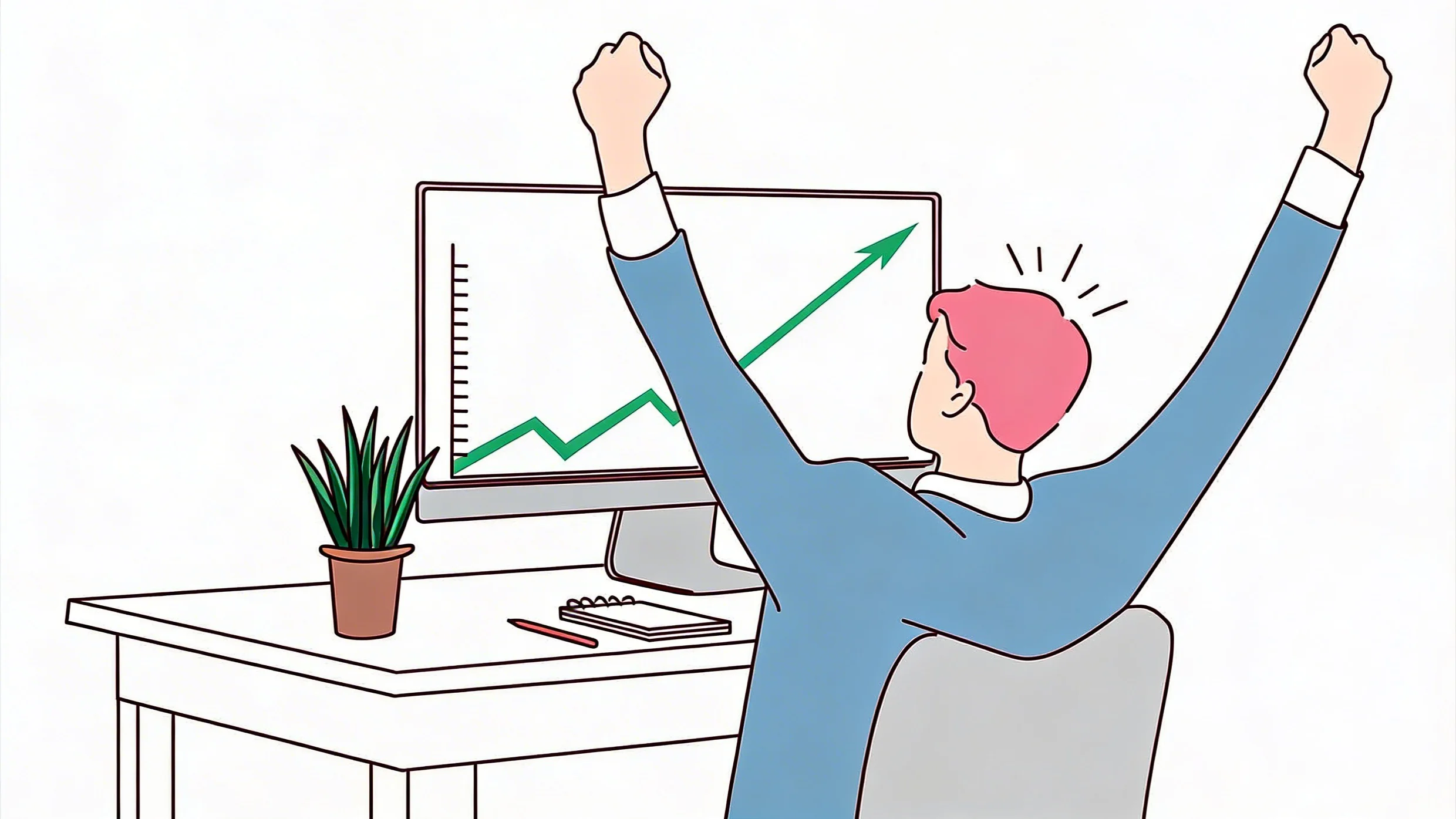 PCに映る右肩上がりのグラフを見て喜ぶ男性のイラスト