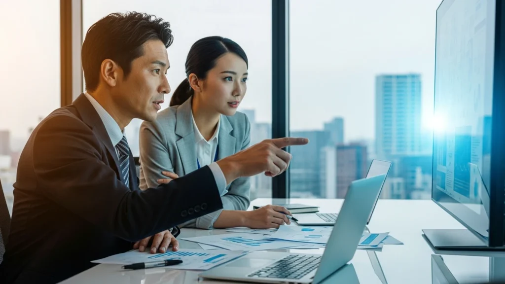 モニターを見る男女2人の画像