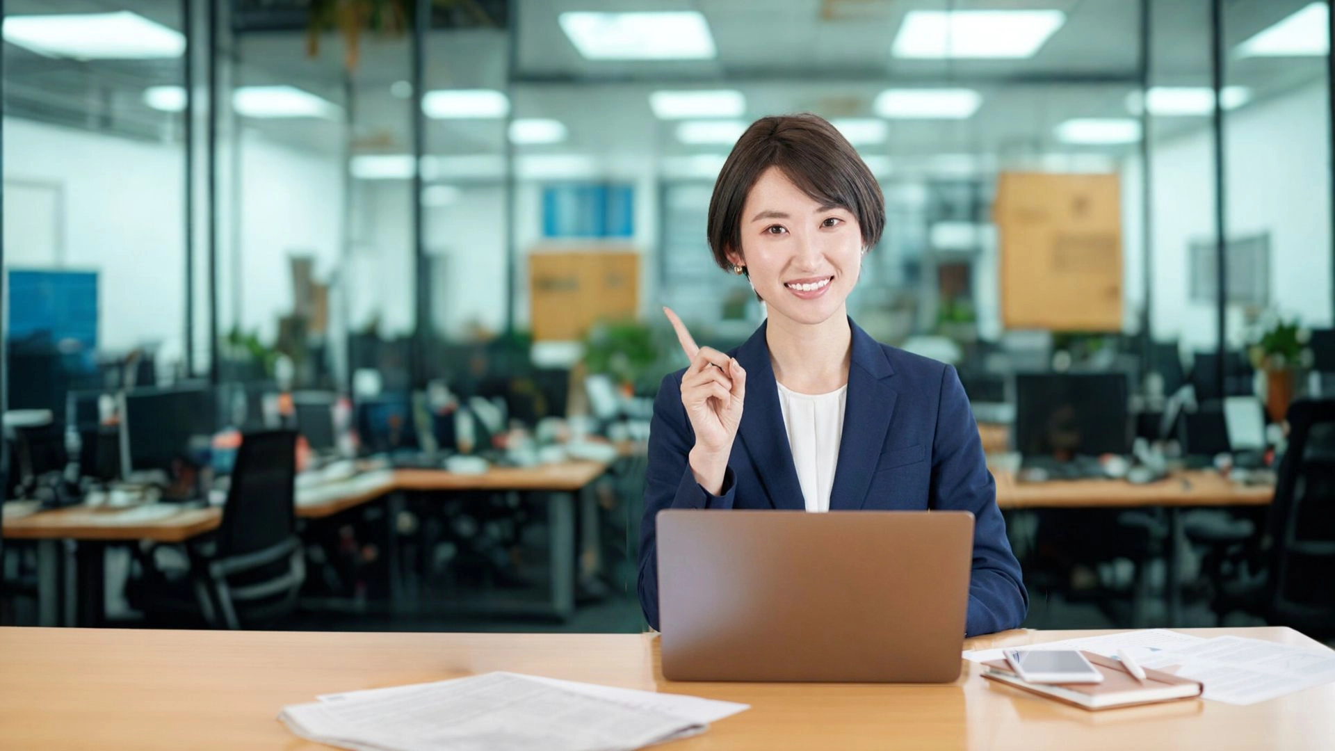 PCで作業をしながら人差し指を挙げる女性の画像